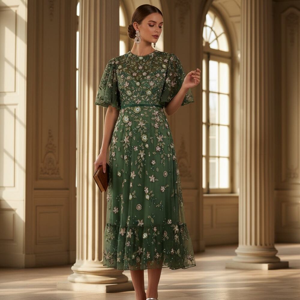 Mac Duggal Floral Beaded Mesh Midi Dress – Size 4 – Sage – NWT – Style 6162